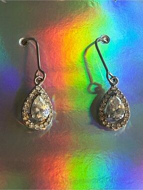 Silver Teardrop Crystal Dangle Earrings - Clear